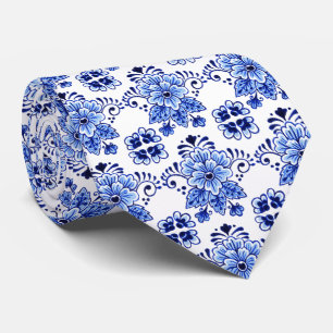 Gravata Padrão Clássico de Arte Floral Azul Delft Holandês