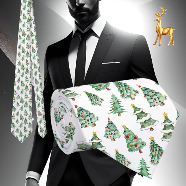 Gravata Padrão da árvore de Natal verde inverno (Christmas tree necktie white green)