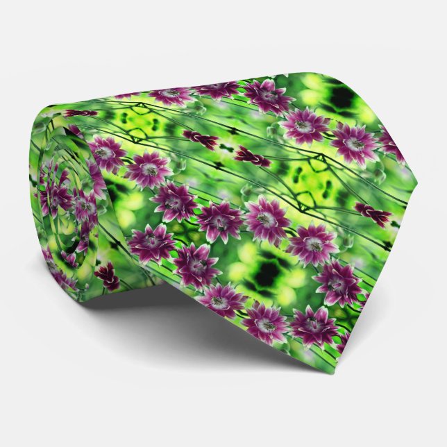 Gravata Padrão de Abstrato de Par de Flor Vermelho e Branc (Rolled)