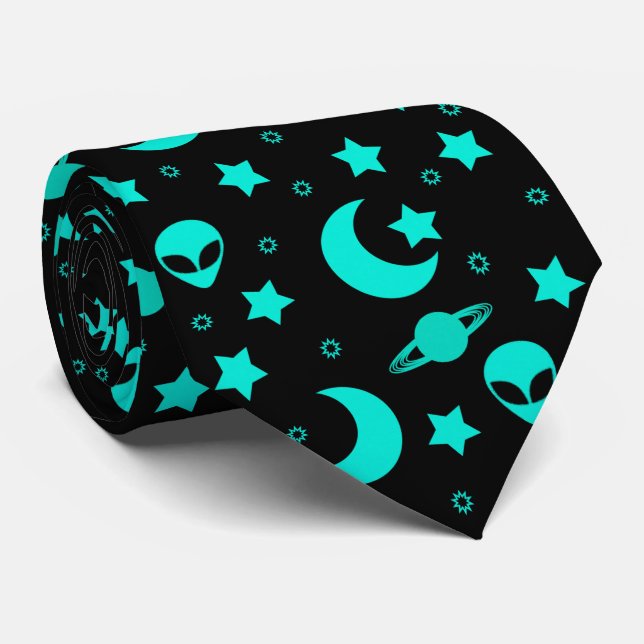 Gravata Padrão de Alien Turquesa com Estrelas e Luas (Rolled)