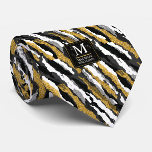 Gravata Padrão de Animal Zebra Branco com Brilho Dourado e