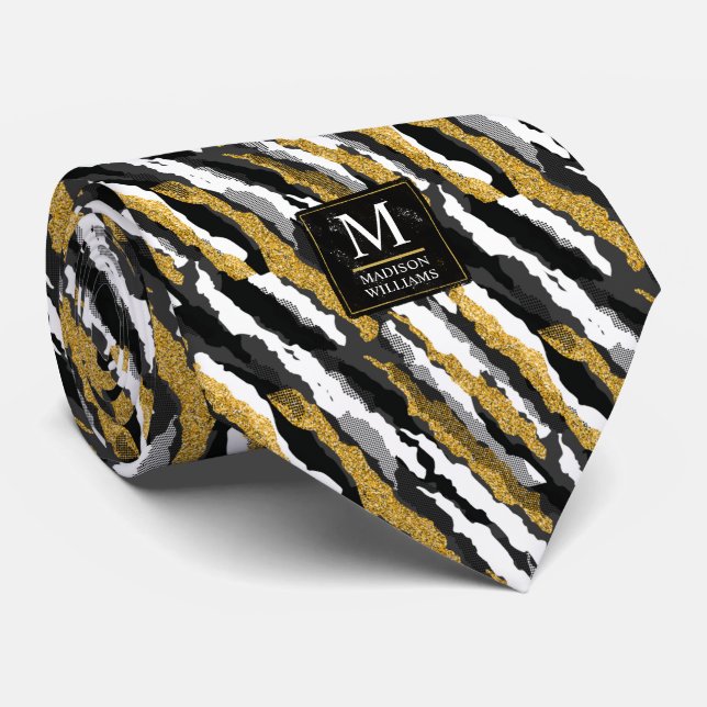 Gravata Padrão de Animal Zebra Branco com Brilho Dourado e (Rolled)