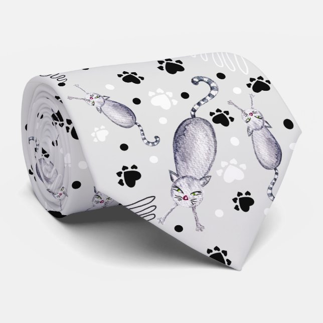 Gravata Padrão De Aquarela De Gatos E Patas (Rolled)