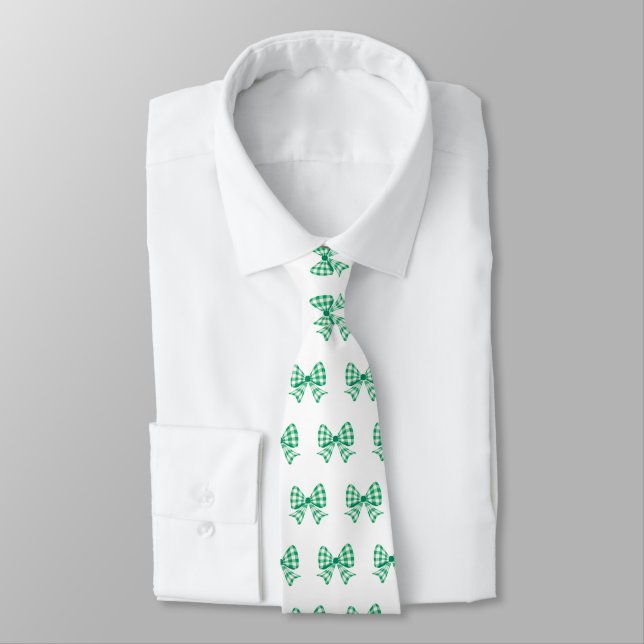 Gravata Padrão de arco de gingham branco-verde (Amarrado)