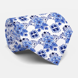 Gravata Padrão de Arte Floral Azul Delft Holandês Clássico