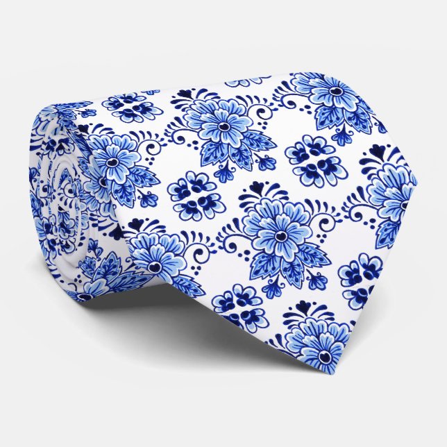 Gravata Padrão de Arte Floral Azul Delft Holandês Clássico (Rolled)