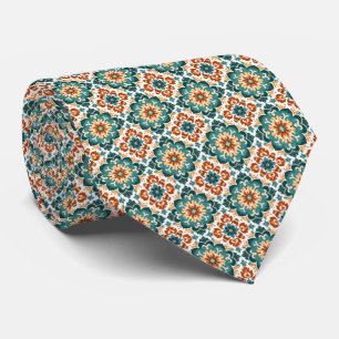 Gravata Padrão de Azulejo Floral Laranja, Teal e Branco