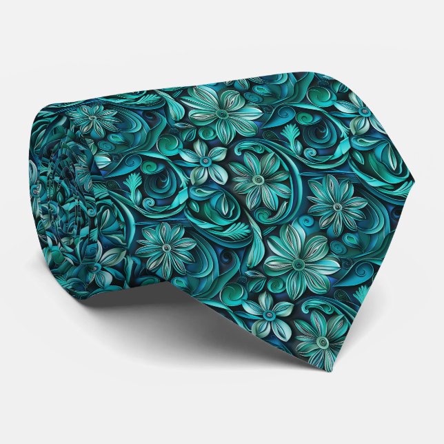 Gravata Padrão de azulejos florais em azul-turquesa elegan (Rolled)