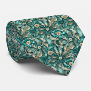 Gravata Padrão de azulejos florais em azul-turquesa elegan