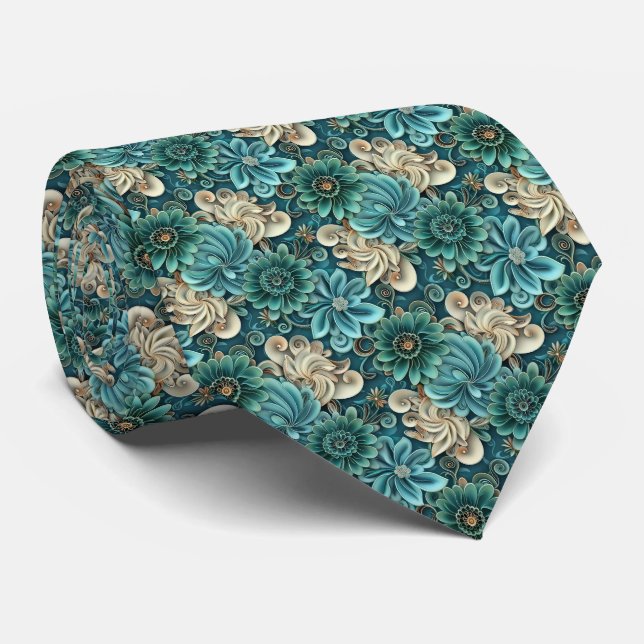 Gravata Padrão de azulejos florais em azul-turquesa elegan (Rolled)