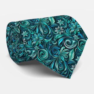 Gravata Padrão de azulejos florais em azul-turquesa elegan