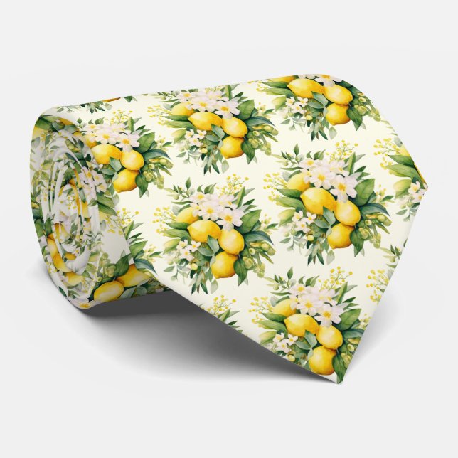 Gravata Padrão de Buquê de Limão com Flores Brancas (Rolled)