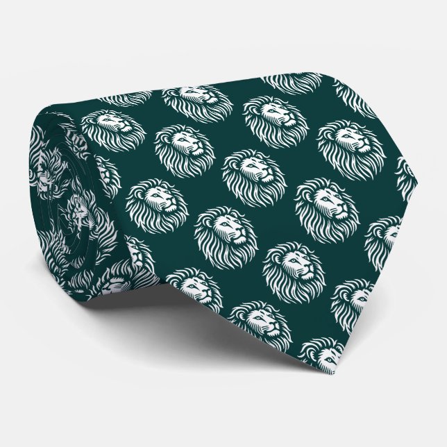 Gravata Padrão de cabeça do leão - Branco sobre verde escu (Rolled)