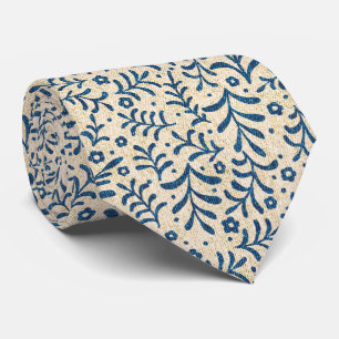 Gravata Padrão de Calico Botânico Elegante Azul e Creme