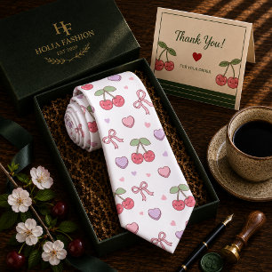 Gravata Padrão de Cereja Doce Vermelho Kawaii