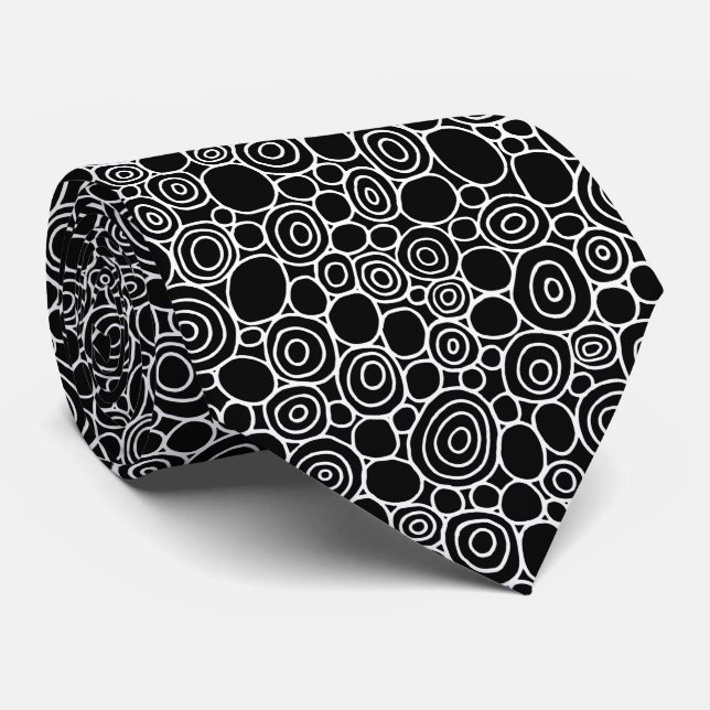 Gravata Padrão de Círculos 210819 - Branco sobre Preto (Rolled)