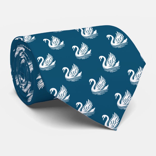 Gravata Padrão de Cisne - Branco no Azul Oceânico (Rolled)