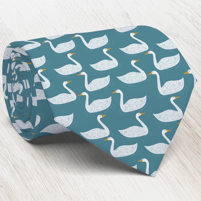 Gravata Padrão de Cisne em Verde Turquesa (Swan bird pattern neck tie for nature, wildlife and bird lovers)