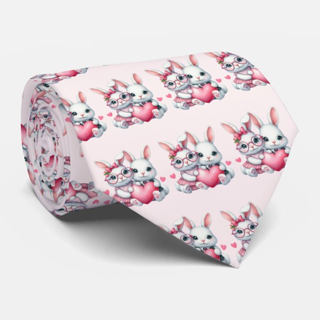 Gravata Padrão de Coelhinhos Fofos Compartilhando um Coraç (Rolled)