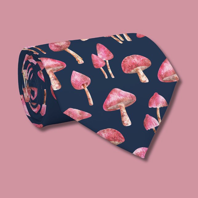 Gravata Padrão de cogumelo rosa (pink mushroom tie (rolled) on navy)