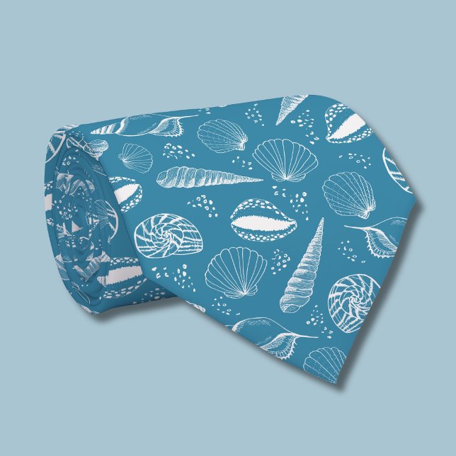Gravata padrão de concha azul (Teal Blue Coastal Seashell beach pattern tie rolled)