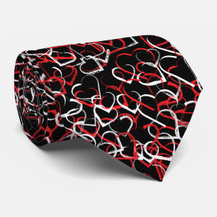 Gravata Padrão de coração branco vermelho em fundo preto