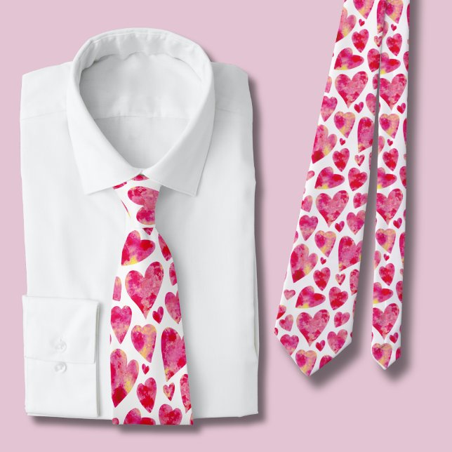 Gravata Padrão de coração em aquarela rosa (Bright pik love heart tie)