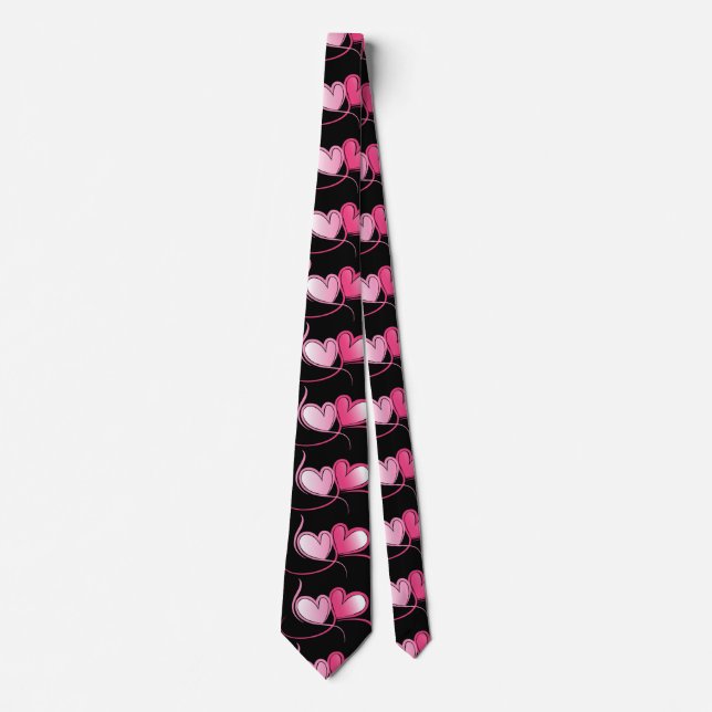 Gravata Padrão de Coração Preto e Rosa Fofo (Frente)