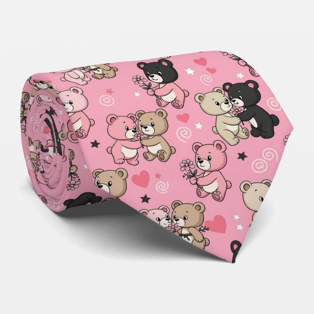 Gravata Padrão de Corações de Urso de Pelúcia Clássico (Rolled)
