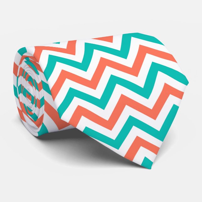 Gravata Padrão de Coral, Teal, Grande Chevron Branco ZigZa (Rolled)