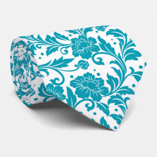 Gravata Padrão de Damasco Floral Turquesa e Branco