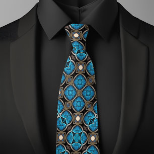 Gravata Padrão de Diamante Azul Bronze Preto e Creme
