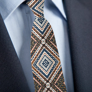Gravata Padrão de Diamante Creme Dourado Azul Ferrugem