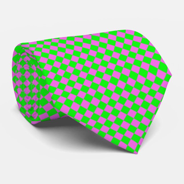 Gravata Padrão de Diamante Xadrez Rosa Verde (Rolled)
