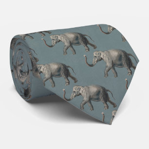 Gravata Padrão de Elefante Vintage em Linho Azul