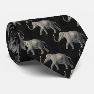Gravata Padrão de Elefante Vintage em Linho Preto