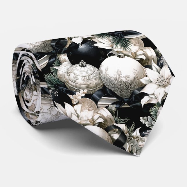 Gravata Padrão de Enfeites de natal branco preto Elegante (Rolled)