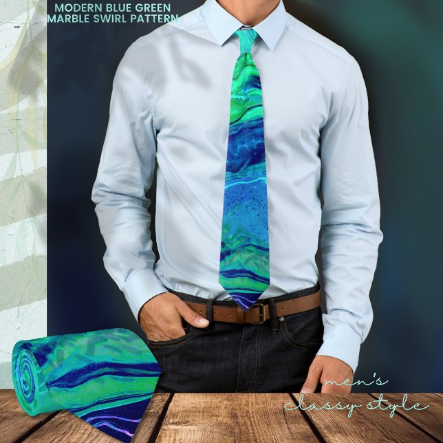 Gravata Padrão de espiral azul de Omã Moderno (Modern Blue Green Marble Swirl Pattern Neck Tie)