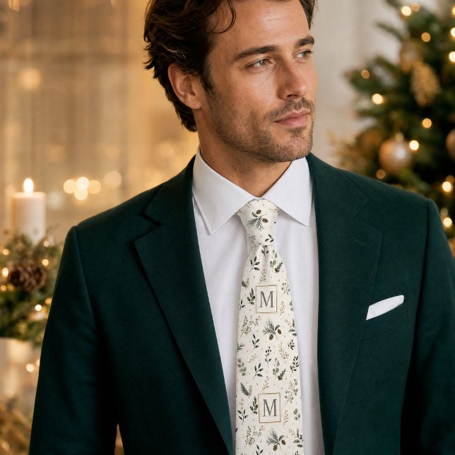 Gravata Padrão de Férias Botânico com Monograma Personaliz (Custom Monogram Botanical Holiday Pattern Neck Tie)