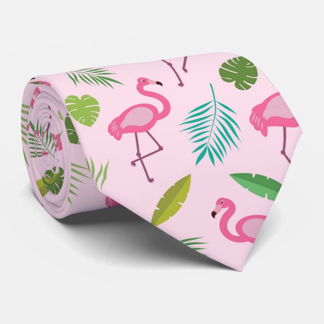 Gravata Padrão de Flamingo Rosa com folhas Tropicais  (Rolled)