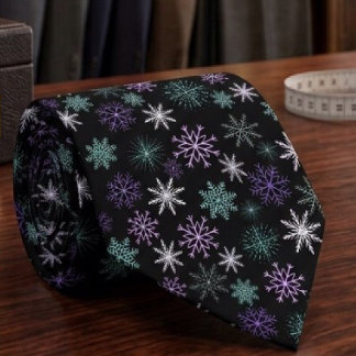 Gravata Padrão de Floco de Neve de Natal Preto Roxo Verde 