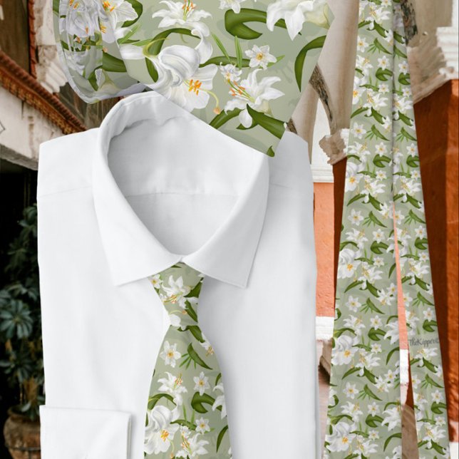 Gravata Padrão de Flor Branco Verde Clássico (Criador carregado)