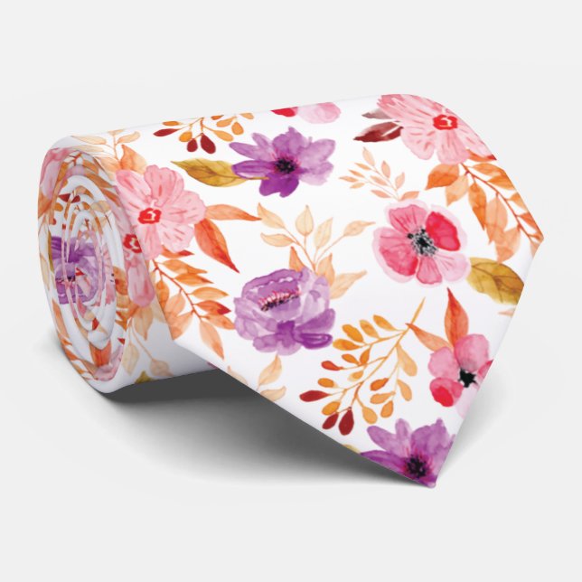 Gravata Padrão de Flor de Cores d'Água Rosa, Vermelha e Pú (Rolled)