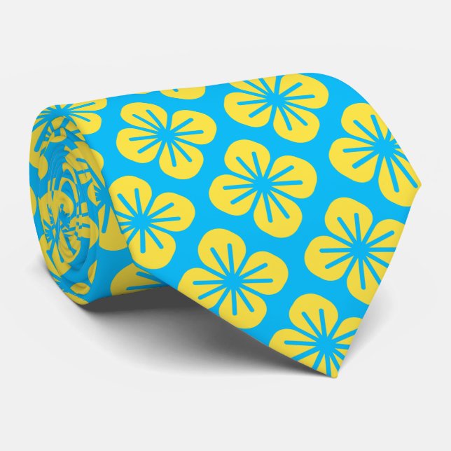 Gravata Padrão de Flor em Amarelo e Turquesa (Rolled)