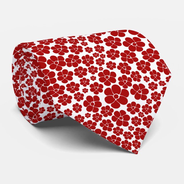 Gravata Padrão de Flor em Vermelho e Branco (Rolled)