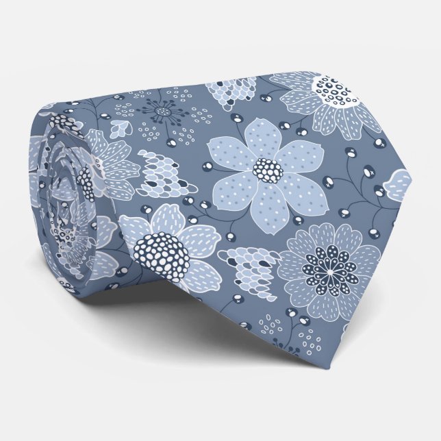 Gravata Padrão de flor multicolorido fundo azul (Rolled)