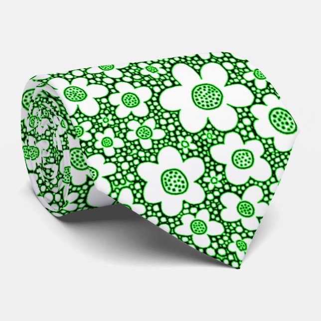 Gravata Padrão de Flor - Verde, Preto e Branco (Rolled)