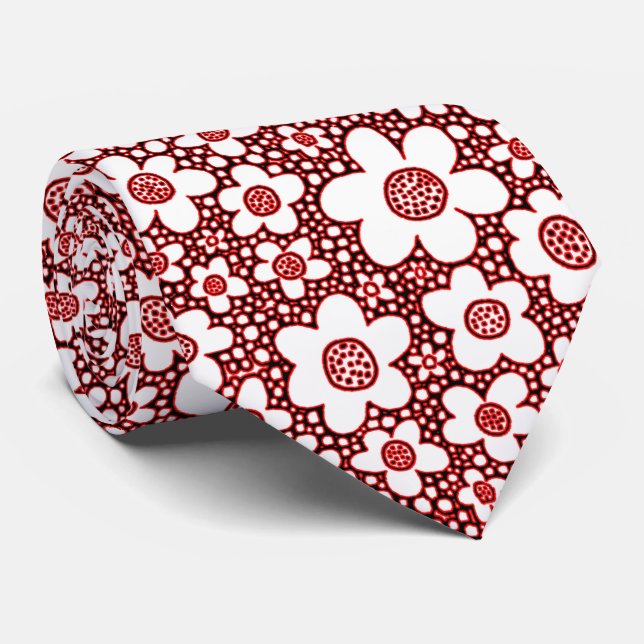 Gravata Padrão de Flor - Vermelho, Preto e Branco (Rolled)