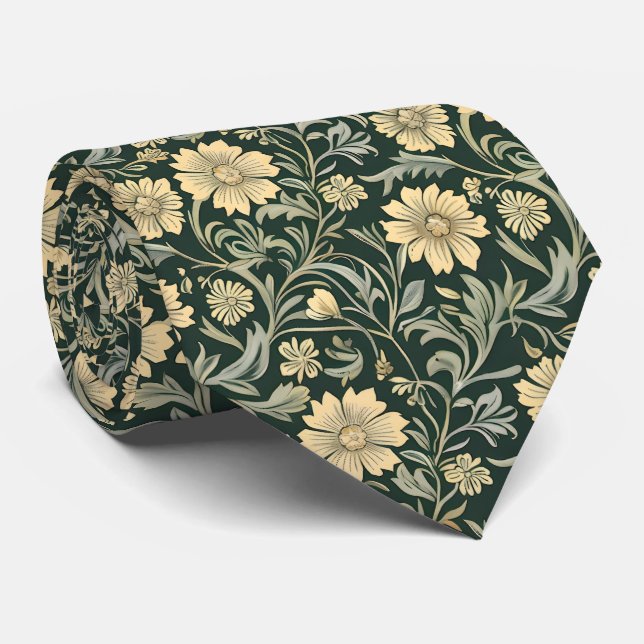 Gravata Padrão de flores amarelas estilizadas em verde esc (Rolled)