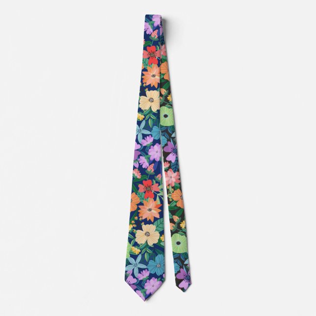 Gravata Padrão de Flores Arco-íris Azul Retro (Frente)